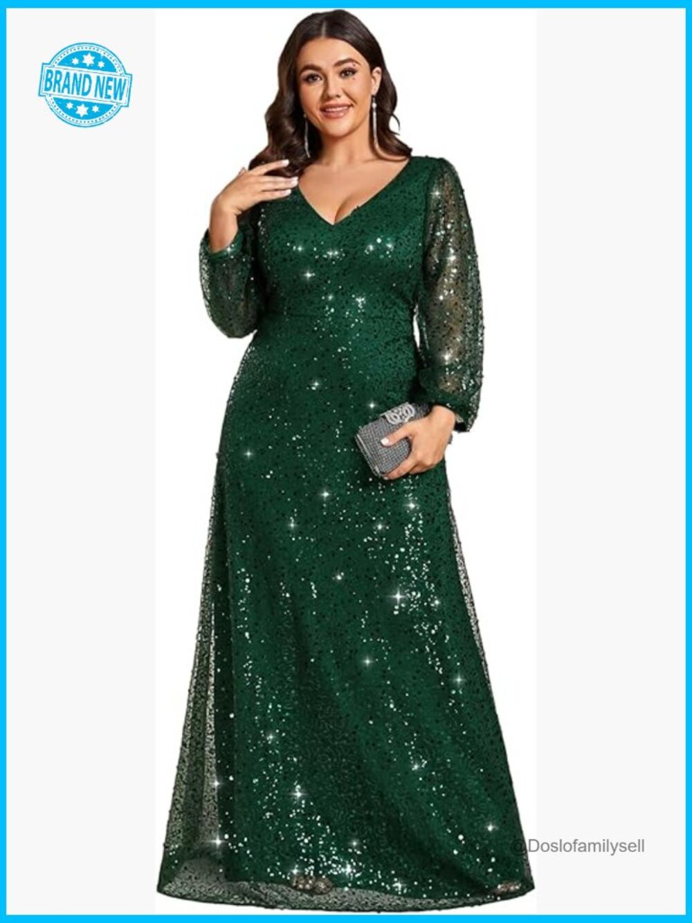 Elegant A-Line V Neck Sequin Formal Dress Long Sleeves Plus Size Evening Gown